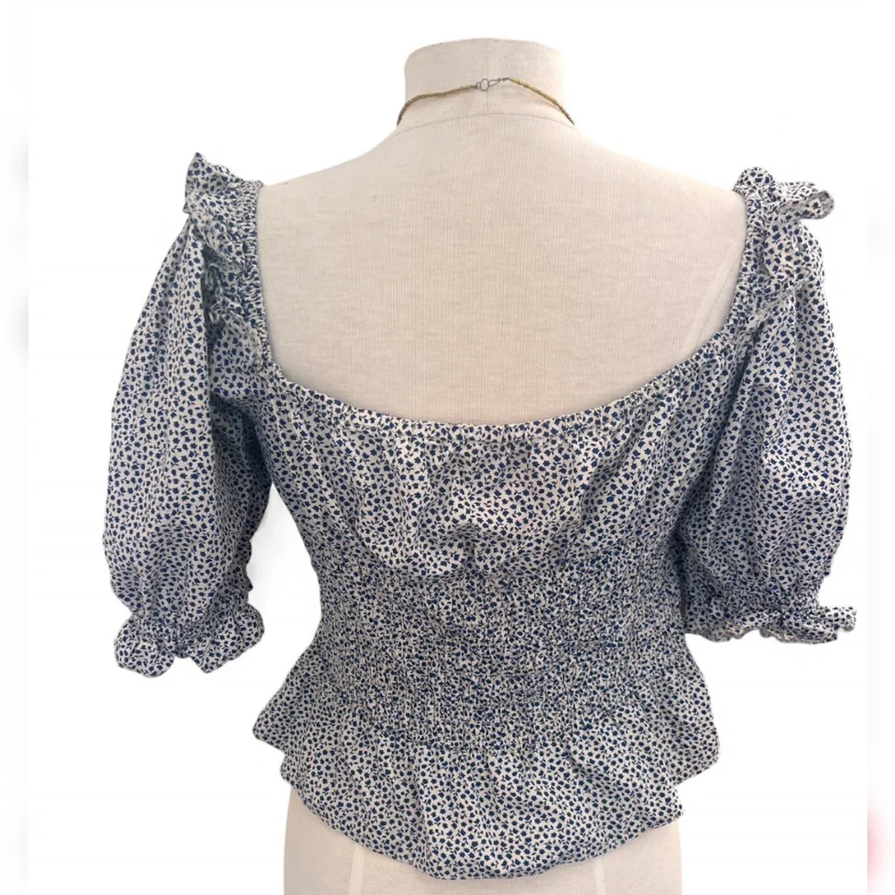 Topshop Blue Floral Smocked Puff Sleeve Blouse Ruffle Neck US 10